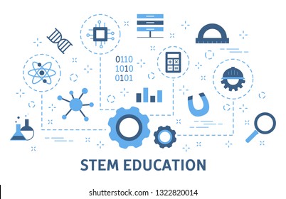 STEM concept. Science, technology, engineering and mathematics. Idea of education and knowledge. Set of colorful icons. Isolated flat vector illustration