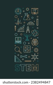 STEM Konzept vertikal kreativen linearen Banner. Naturwissenschaften, Technik, Ingenieurwesen, Mathematik, Dünnschichtgrafik 