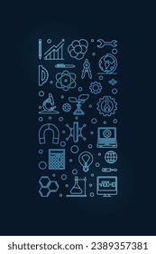 Banner de color azul de contorno mínimo de concepto STEM - Ciencia, tecnología, ingeniería, matemáticas, ilustración de línea delgada con fondo oscuro