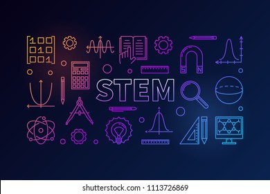 STEM creative colored banner in outline style. Vector science, technology, engineering, math linear illustration on dark background