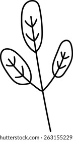 A stem displays three leaves in a hand-drawn style with minimalistic linework.  The sketch shows foliage attached to a central branch, forming a simple plant motif. Cartoon vector illustration