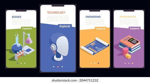 STEM education 4 isometric smartphone screens set with project science technology engineering mathematics programs symbols vector illustration