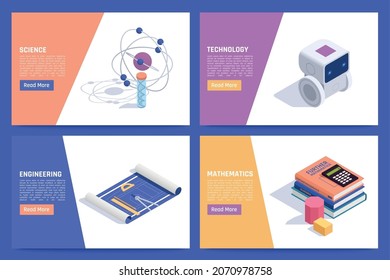 STEM education 4 website homepages isometric banners set with science technology engineering mathematics subjects description vector illustration