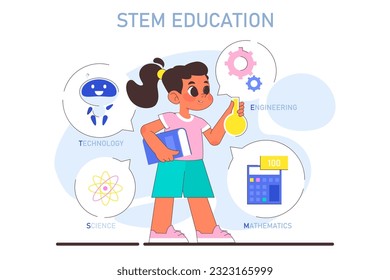 Stem education for children. Little school girl gaining knowledge about technologies, science and mathematics. Kids learning programming and engineering. Flat Vector illustration