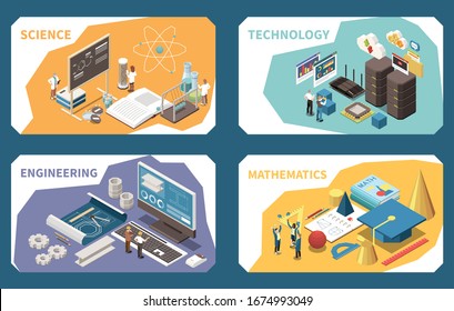 STEM education concept 4 isometric compositions cards with science lesson engineering software mathematics geometric shapes vector illustration 