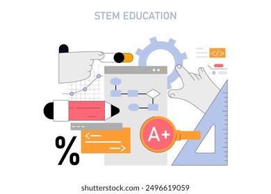 Concepto de educación STEM. Una serie de Elementos académicos que representan la ciencia, la tecnología, la ingeniería y las matemáticas. Herramientas de aprendizaje interactivo y logro de calificaciones. Ilustración vectorial.