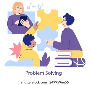 Concepto de educación STEM. Diversos estudiantes participan en la resolución colaborativa de problemas con Elementos matemáticos. Trabajo en equipo en aprendizaje e innovación. Ilustración vectorial.