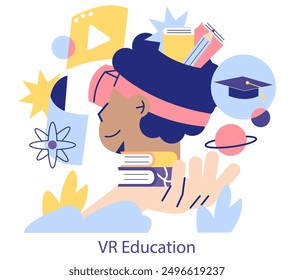 STEM Education concept. Interactive learning and virtual reality in modern education. Books, atoms, and graduation elements in design. Vector illustration.