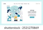 STEM education concept. An interactive webpage design featuring students and a teacher engaged in a science experiment. Engaging digital learning environment. Vector illustration.