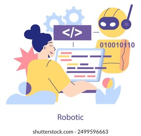 Concepto de educación STEM. Un estudiante interactúa con un robot mientras aprende principios de codificación. Innovación educativa e integración tecnológica. Ilustración vectorial.