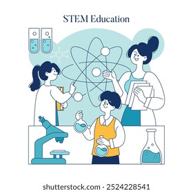 Conceito de educação em CTEM. Alunos e professores se envolvem em um experimento científico, mostrando inovação e aprendizagem. Experiência interativa em sala de aula. Ilustração vetorial.