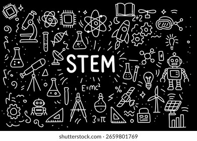 Ilustración de doodle de educación STEM con iconos de ciencia, tecnología, ingeniería y matemáticas sobre fondo negro