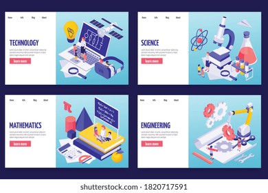 STEM education four horizontal banners with header words science technology engineering mathematics   isometric isolated vector illustration  
