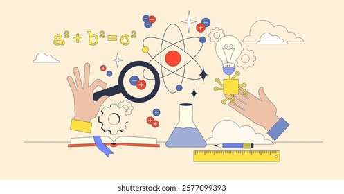 STEM education with hands exploring science and math symbols, magnifying glass, and atom. Neubrutalism hands concept