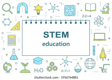 STEM education horizontal colorful banner in linear style: science, technology, engineering, mathematics. Vector illustration.