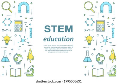 STEM education horizontal colorful banner in linear style: science, technology, engineering, mathematics. Back to school. Vector illustration.
