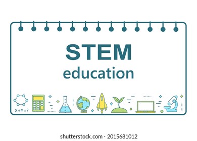 STEM education horizontal colorful banner in linear style: science, technology, engineering, mathematics. Back to school. Vector illustration.
