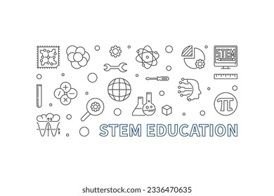 STEM Education horizontal minimal vector illustration in thin line style. Science banner 