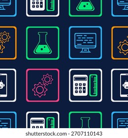 STEM education icons grid seamless pattern. Vector flat design of science, tech, engineering, and math symbols. School science texture for educational infographic, book cover, or online course.