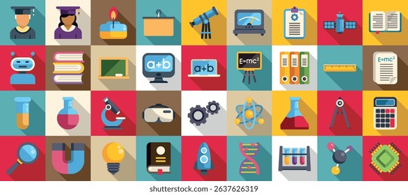  Stem education icons set. Diverse set of colorful icons representing various aspects of science, technology, engineering, mathematics, and education, fostering knowledge and innovation