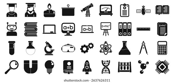  Stem education icons set. Exploring various fields of science and education with icons symbolizing knowledge, research, and academic pursuits