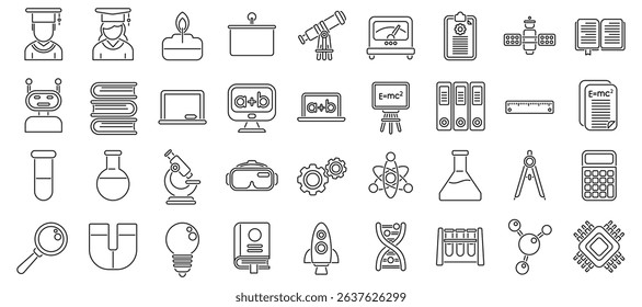  Stem education icons set. Outline icons representing science and education concepts