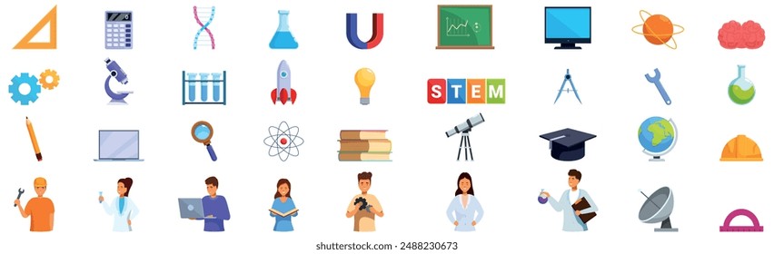 Stem education icons set. Scientists and engineers working using science and engineering equipment studying stem subjects