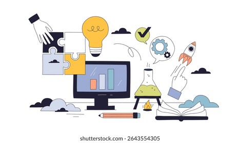 STEM education illustrated with a computer, lightbulb, and flask, representing innovation, science, and technology. Doodle style