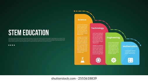 STEM education infographic concept for slide presentation with round vertical box container gradually decrease on right column with 4 point list with flat style vector