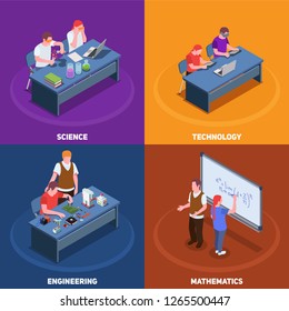 STEM education isometric 2x2 design concept with various situations involving students and teachers with text captions vector illustration