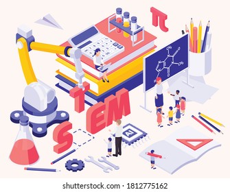 Educación STEM fondo isométrico con artículos de papelería calculadora juguetes creativos y pequeños personajes de niños y profesores cerca de ilustración vectorial de pizarra 