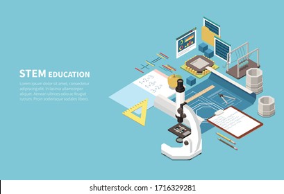 Die isometrische Struktur des STEM-Unterrichts mit naturwissenschaftlicher Elektronen-Mikroskoptechnik blockiert die Konstruktion von mathematischen Notizbuch-Vektorillustration-Illustrationen 