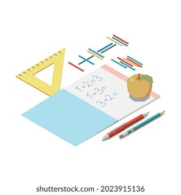 Stem education isometric concept icons composition with stationery elements and copybook of math vector illustration