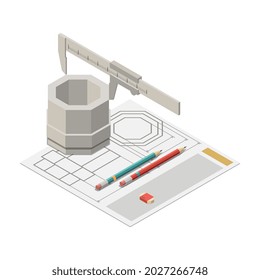 Composición de iconos de concepto isométrico de la educación del stem con la imagen de tornillo medido por la ilustración del vector trammallera