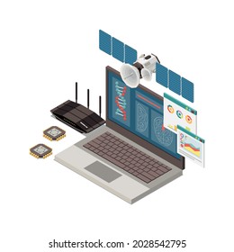 Stem education isometric concept icons composition with images of laptop chips dna and flying satellite vector illustration
