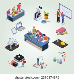 STEM education isometric flowchart with human characters of students and isolated images of educational equipment items