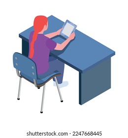 Stem education isometric icon with student using tablet in lesson 3d vector illustration