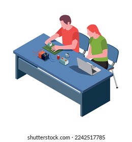 Stem education isometric icon with students having engineering lesson 3d vector illustration