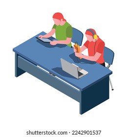 Stem education isometric icon with students using various devices in class 3d vector illustration