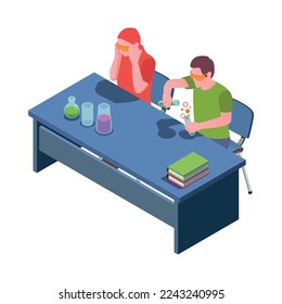 Stem education isometric icon with students carrying out chemical experiment 3d vector illustration