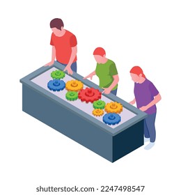 Stem education isometric icon with students looking at colorful cogwheels 3d vector illustration