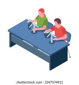 Stem education isometric icon with students in engineering lesson 3d vector illustration
