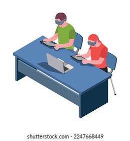 Stem education isometric icon with students using virtual reality headset in lesson 3d vector illustration