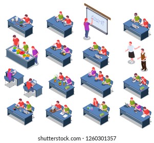 STEM education isometric icons collection with isolated images of desks with sitting student characters and equipment vector illustration