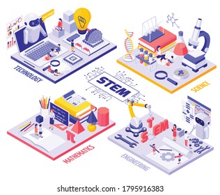 STEM education isometric Infographics with children and teachers characters laboratory equipment robots and engineering tools vector illustration