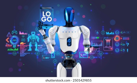 STEM education of kids in online internet school. Children study robotics, 3d printing, software development, technology. Template banner of IT school. Humanoid robot shows logo STEM online school.