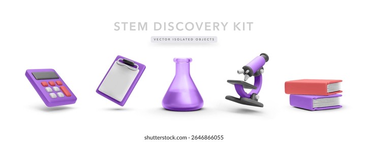 STEM Education Kit With Calculator, Clipboard, Flask, Microscope, And Books. Perfect For Science Projects, Research, And Learning Resources. Clean Style Vector Illustration.