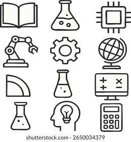 STEM Education Line Icons Set Science Technology Engineering Mathematics Knowledge Robotics