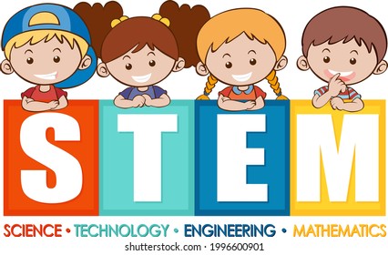 STEM education logo banner with kids cartoon character illustration