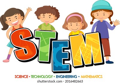 STEM education logo banner with kids cartoon character illustration